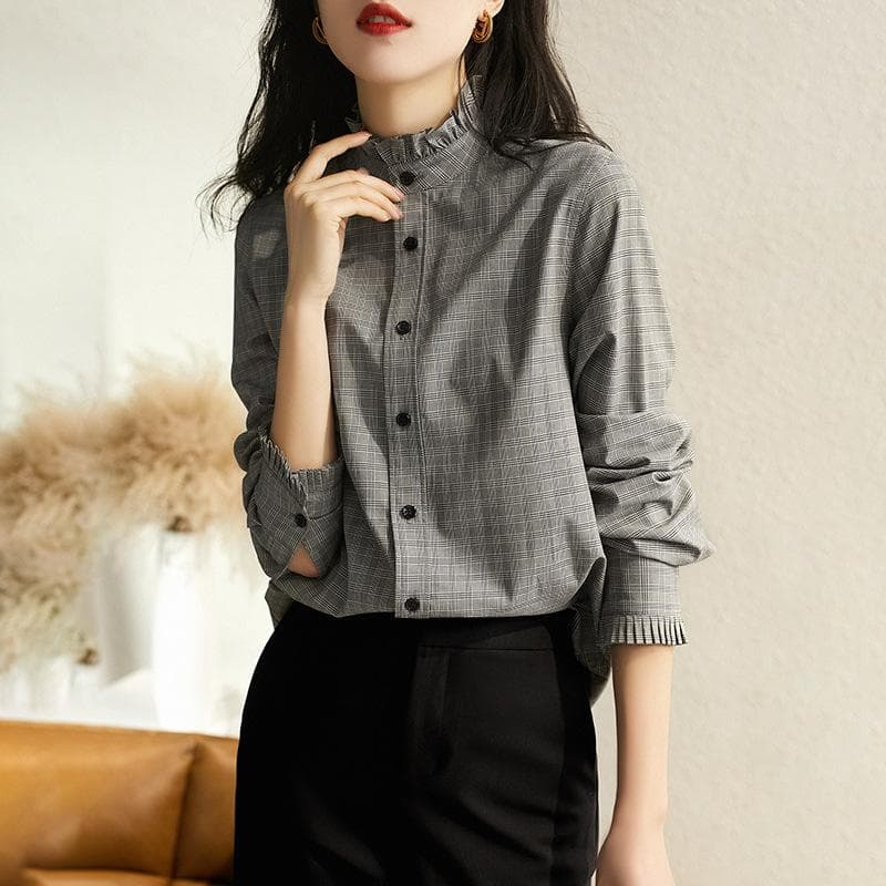 Commuter Stand-up Collar Plaid Shirt Retro Hong Kong Style Design Sense Niche Top XXL
