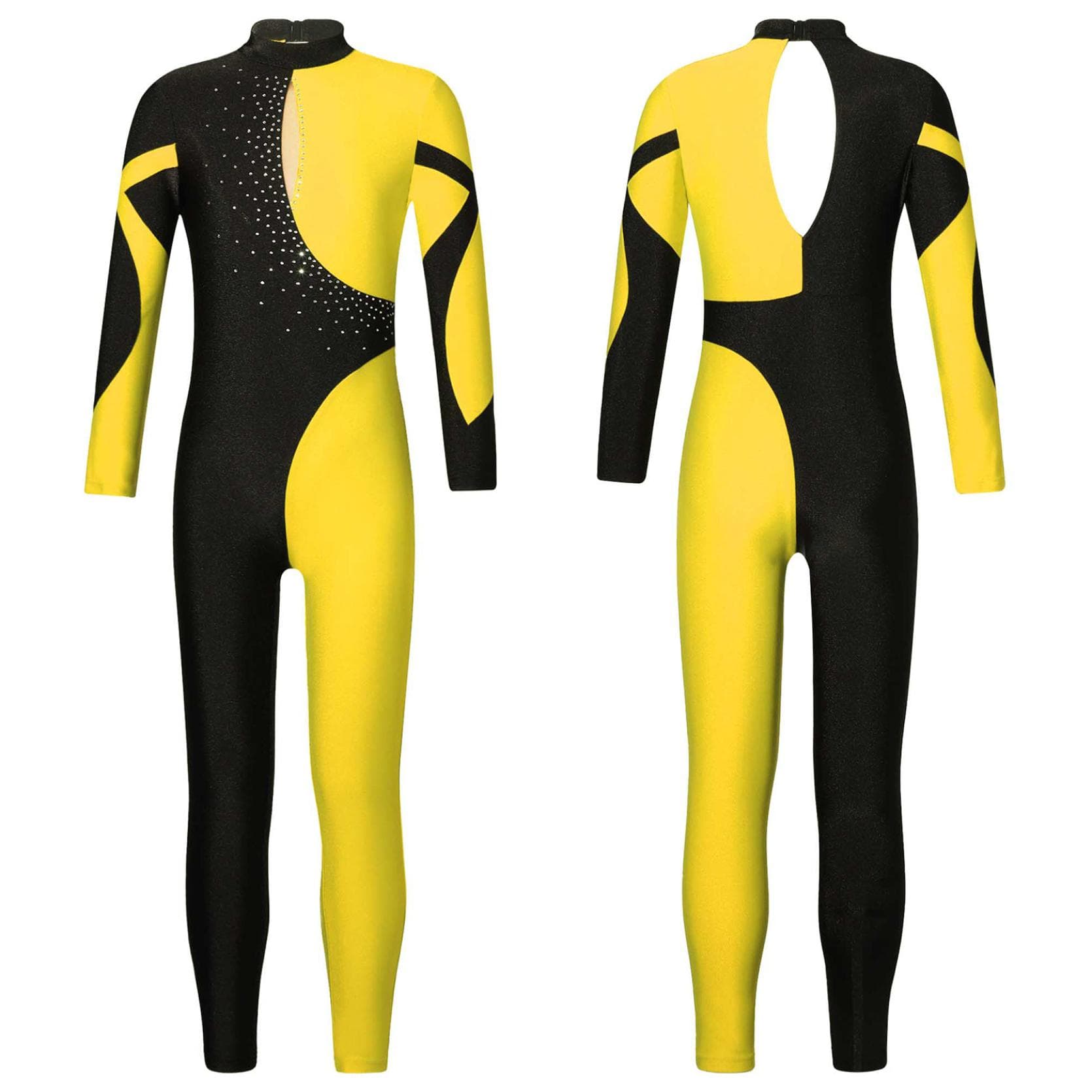 Kids Girls Stylish One Piece Skating Clothing Long Sleeve Stand Collar Shiny Rhinestone Decor Dance Leotards 5-6 Years yellow