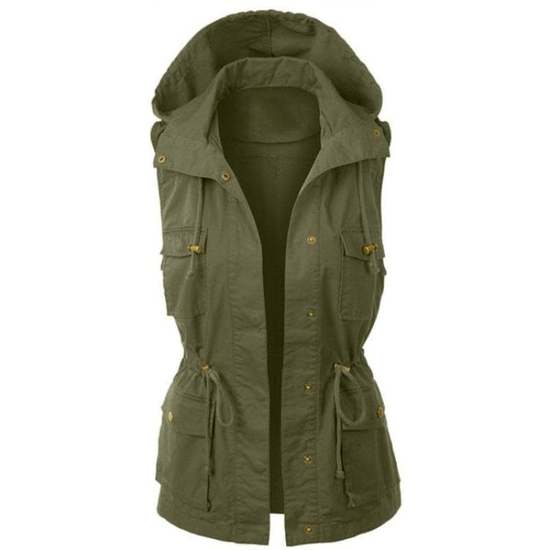 Vest Top Drawstring Hooded Jacket Large Size Sleeveless Lapel Jacket XL green