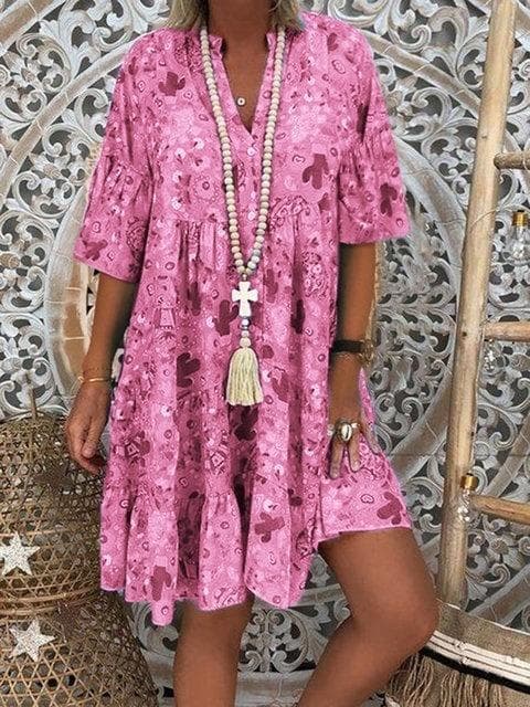 Plus Size Women's Fashion Loose Casual V neck long sleeve Floral print summer dress 4XL pink