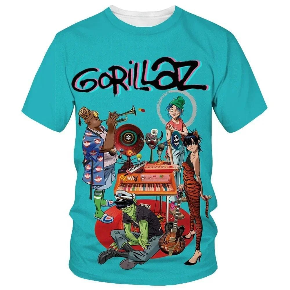From cartoon to fashionable Gorillaz 3D printed new T-shirt, Harajuku style casual short sleeved hip-hop T-shirt for men and women, street T-shirt M beige