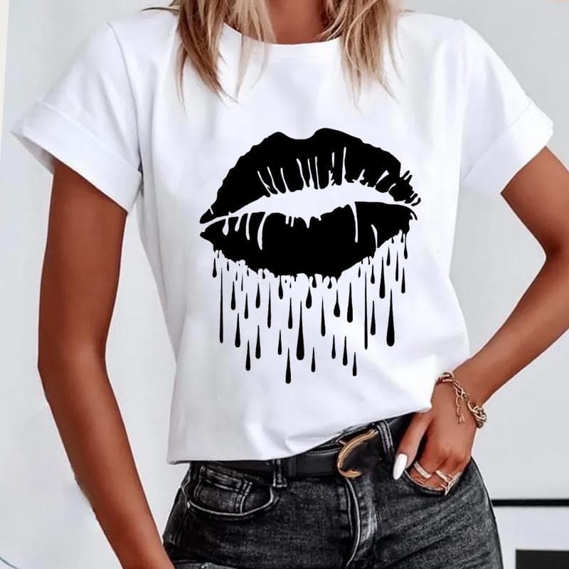(Asian size) Short Sleeve Lip Love Sexy Trend Cute Lovely Women's Print Tee Top Summer Fashion Tshirt Woman Female Basic T Clothing Graphic T-shirts XXXXL