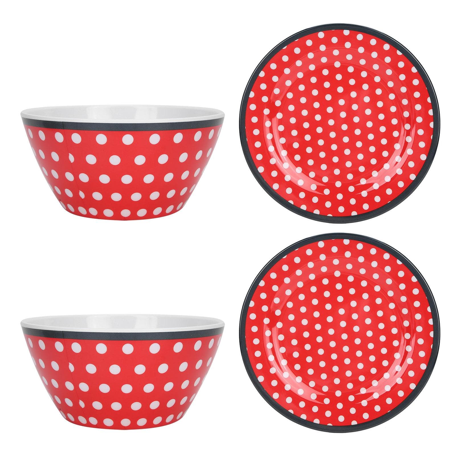 4Pcs Salad Dish Set Red Dots Imitation Porcelain Plate Fruit Food Cake Dish Dinnerware for Kitchen