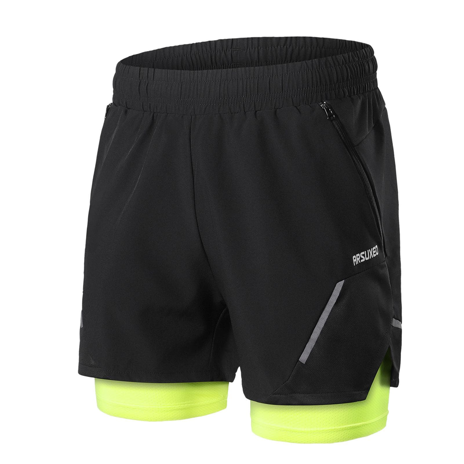 2-In-1 Men Running Shorts with Zipper Pockets Quick Dry Exercise Shorts for Training Gym Workout L black/green
