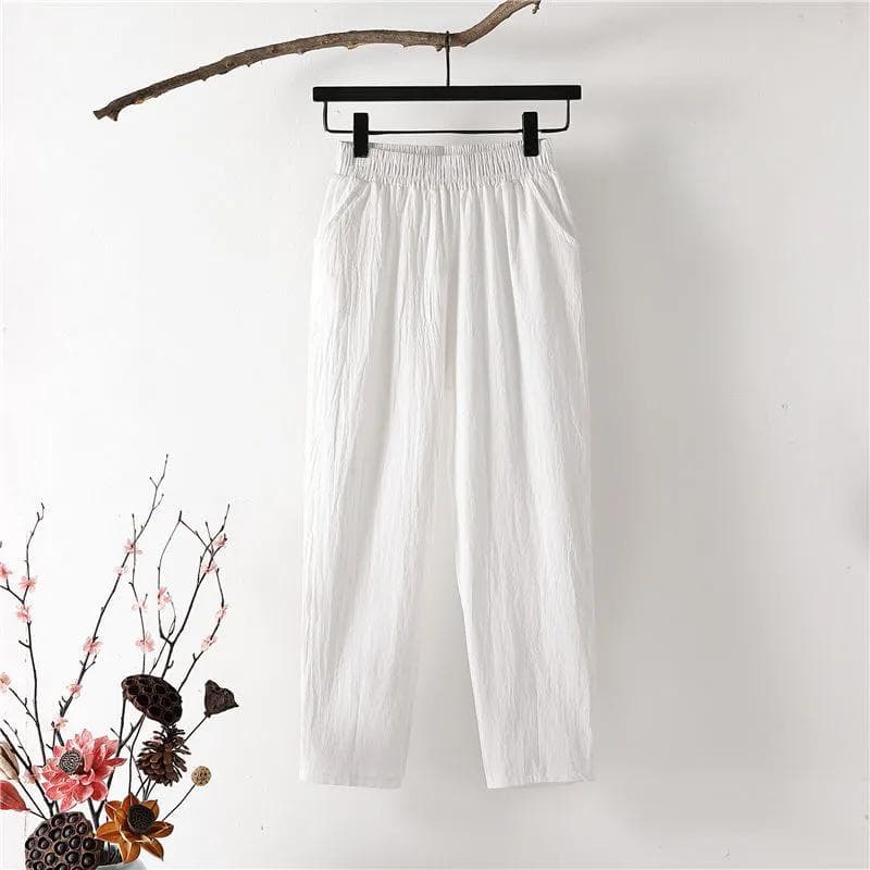 M-XXXXL Cotton Linen Pants Women Spring and Summer Loose Elastic Waist Solid Color Casual Trousers XXXXL white