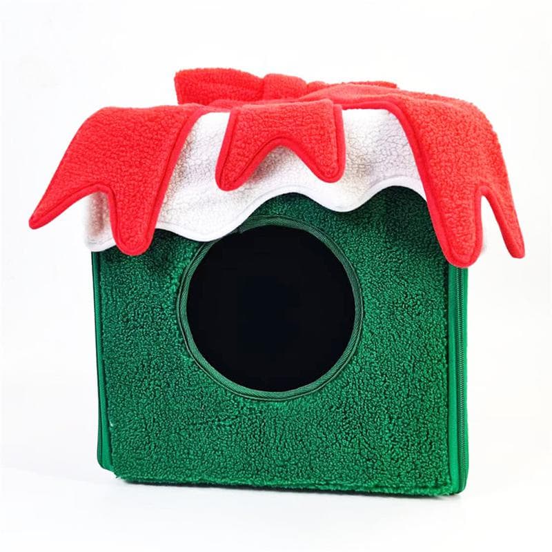 Christmas Cat Bed House Large Space Square Fully Enclosed Warm Christmas Pet Cave for Cat Dog green