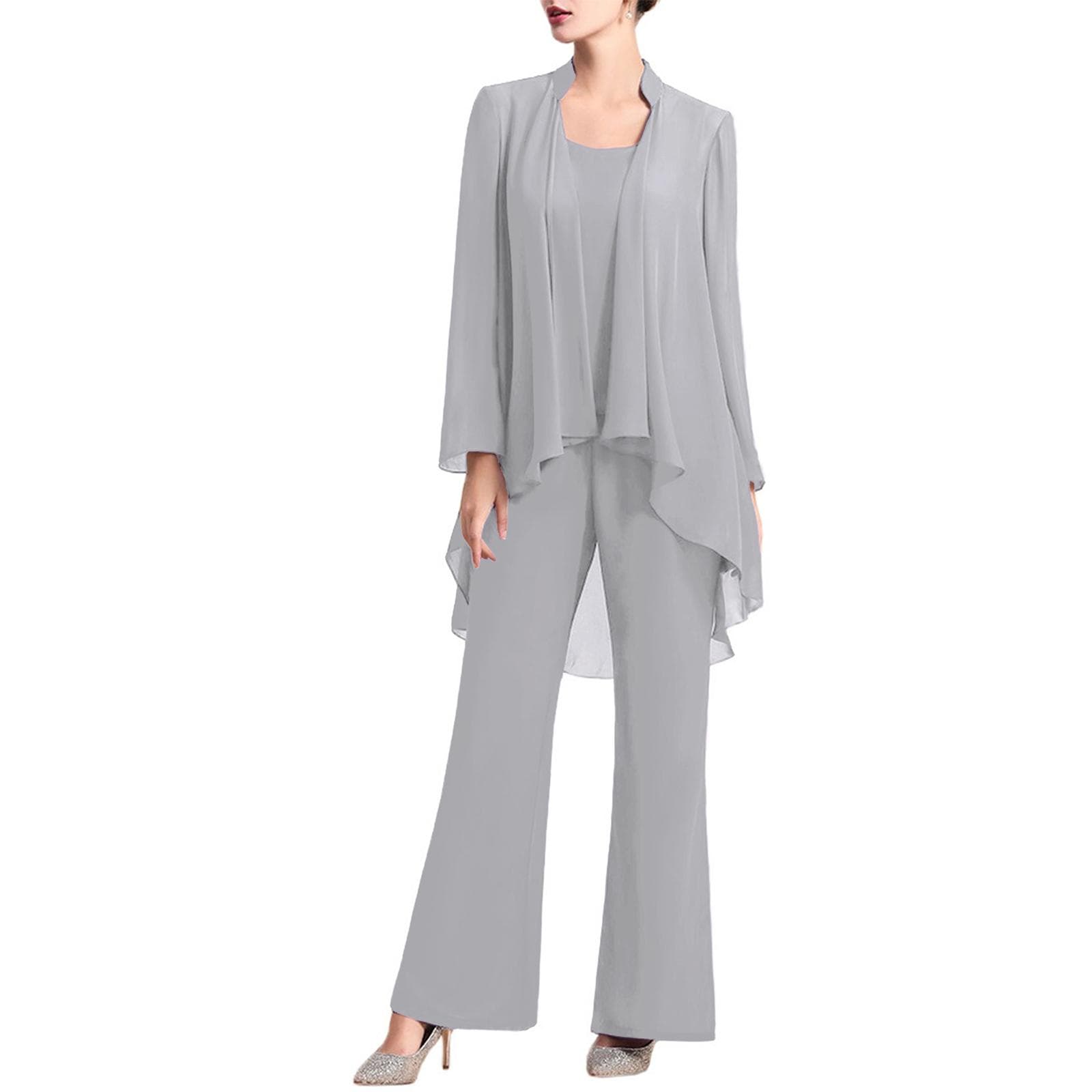 Womens Elegant Chiffon Party Suit 3-Piece Outfits Tank Top Long Sleeve Open Front Cardigan and Long Pants Set XL gray