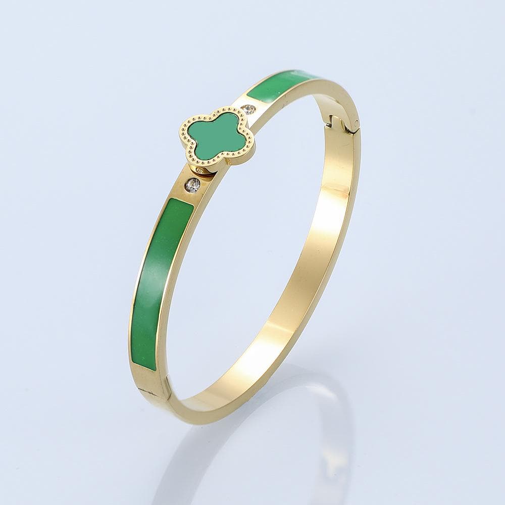 Four-Leaf Clover Bracelet & Ring Set: Titanium Steel, Oil Drip Diamond, Available in Black, White, Red, & Green