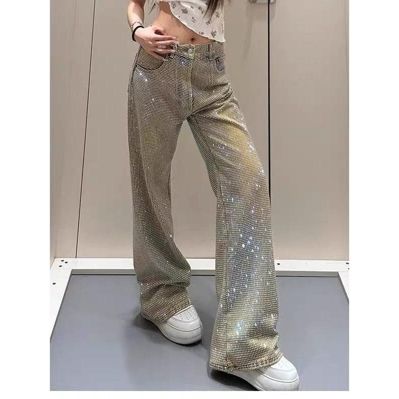 Design-sensual Diamond Jeans for Women In Summer New Style, Personalized Star-studded Niche Straight Trousers 3XL