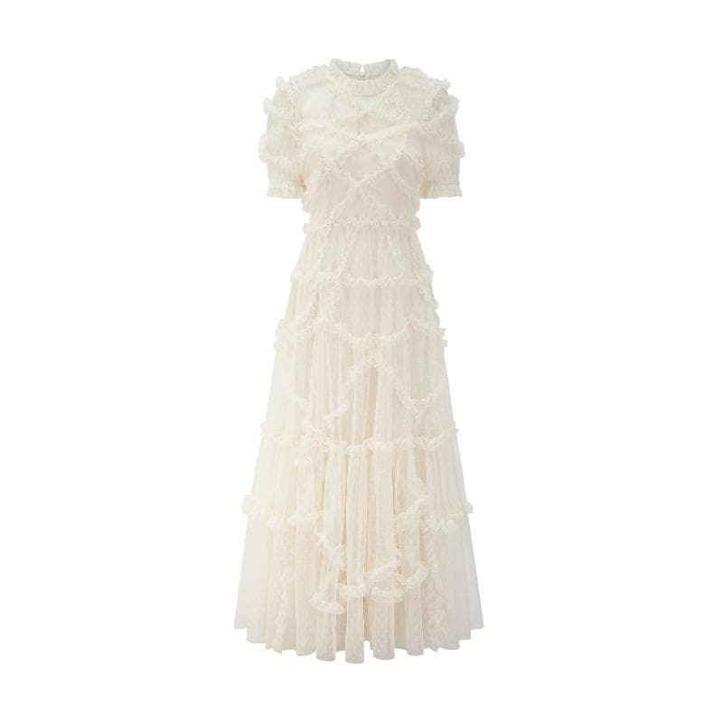 Sweet Fairy Dress Mesh Waist Thin Dress French Fashion Dress XL apricot