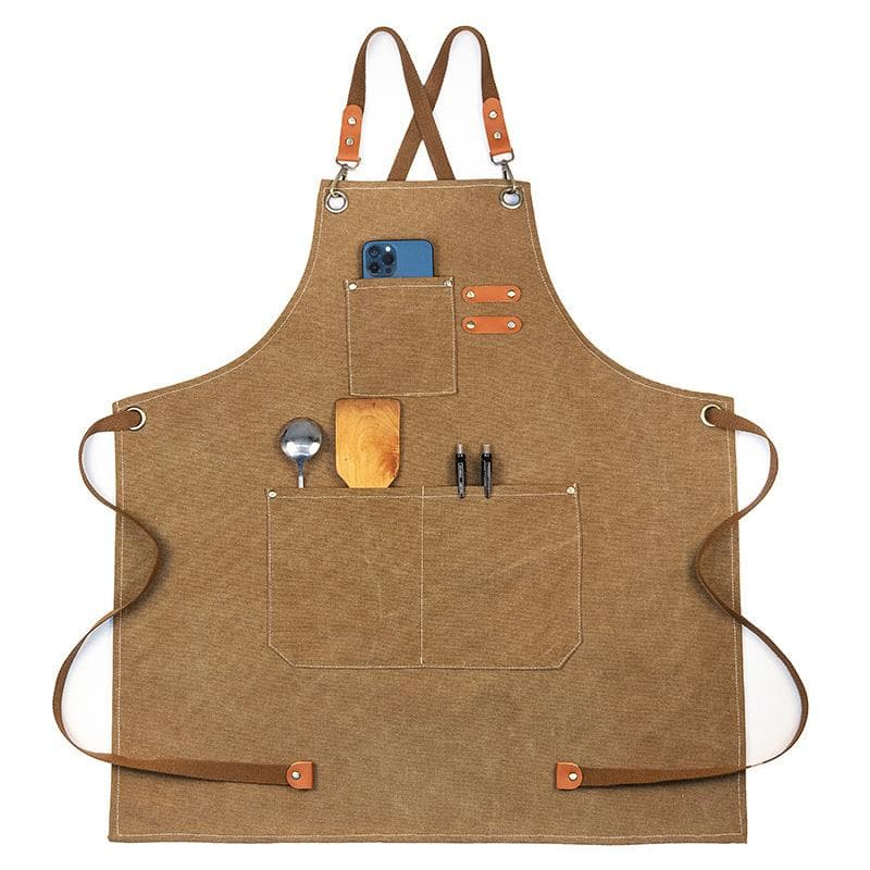 Woodworking Apron Thicken Canvas Waterproof Work Apron for Gardening Coffee Shop Light Tan camel