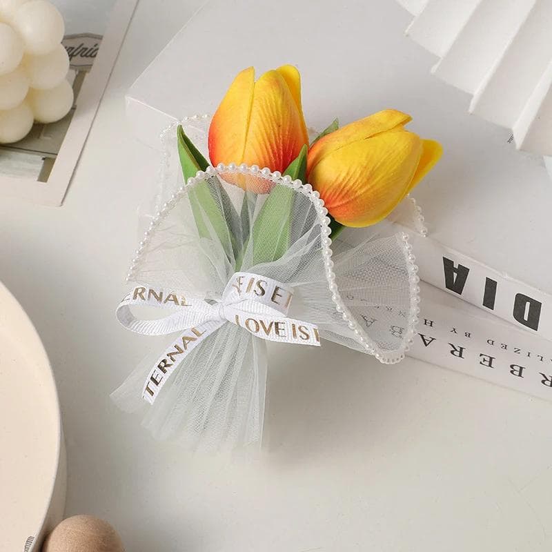 1PC Creative Room Decor Pearl Mesh Fake Flower Bouquet Mini Tulip PU Mini Artificial Flower Bouquet Handicraft Gift Gift Decor none