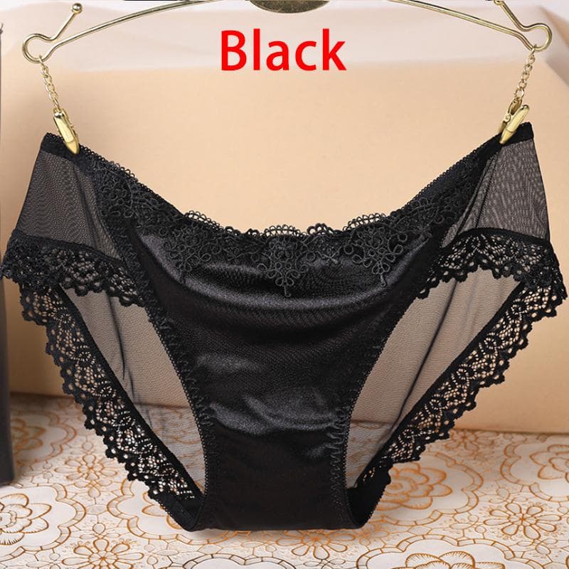Women Lady Sexy Lace Panties Silk Satin Seamless Breathable Lingerie Briefs Underwear Underpant M black