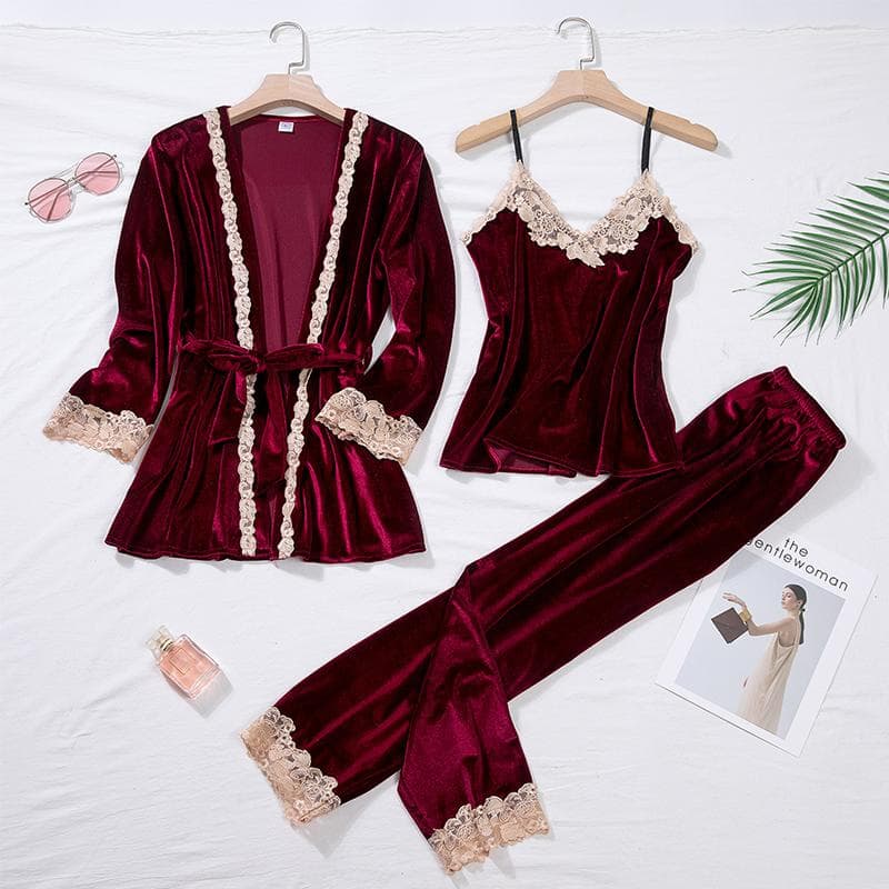 Velvet Pajama Set Women's 2 Piece Robe Pajama Set Pajamas Women's Winter Velvet Bathrobe Dress M