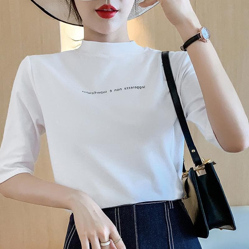 New Summer White Short-sleeved T-shirt for Women with Half-high Neck Slim Cotton Five-point Sleeves Bottoming Shirt Top 2XL white