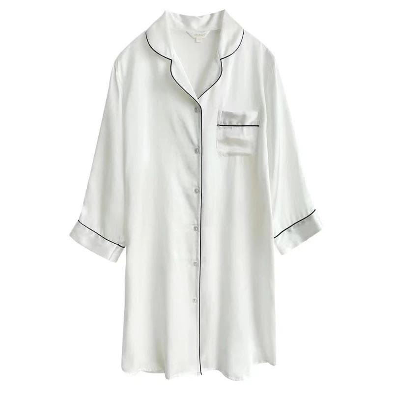 100% Mulberry Silk Dress Luxury Pure Silk Solid Color Classic Button Up Nightshirt L white
