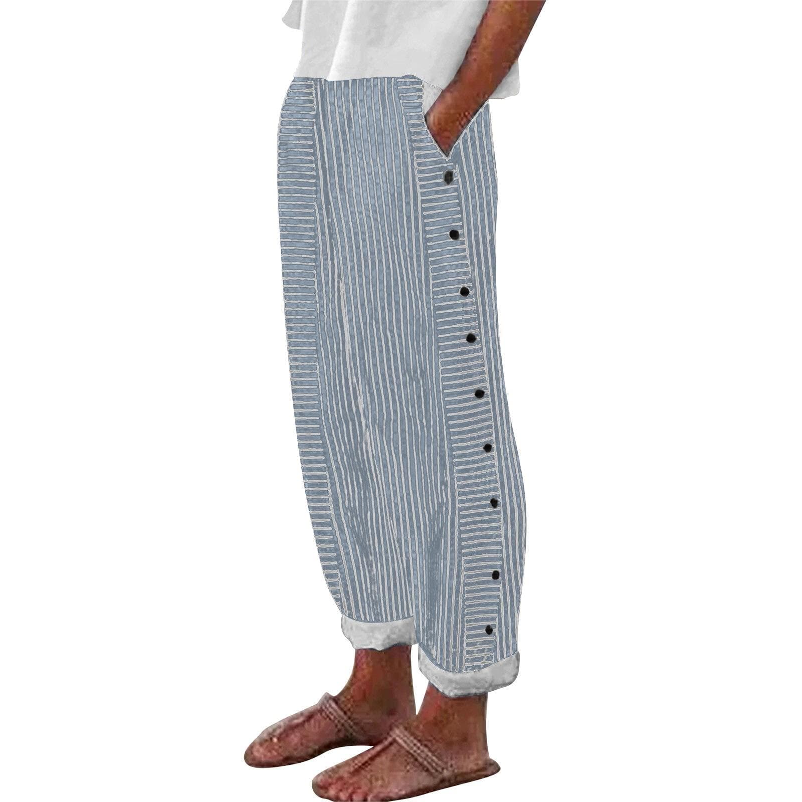 Women Summer Long Pants Striped Print Button Casual Versatile Loose High Waist  Pants L light blue