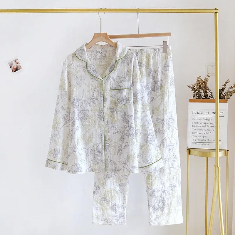 Summer Women's Pajama Set 100% Cotton Crepe Home Furnishings Flip Collar Printed Long Sleeve Set Ladies XL