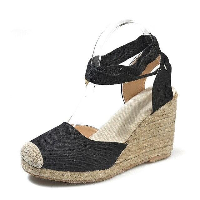Women's Espadrille Ankle Strap Sandals Comfortable Slippers Ladies Womens Casual Shoes Breathable Flax Hemp Canvas Pumps 40 black