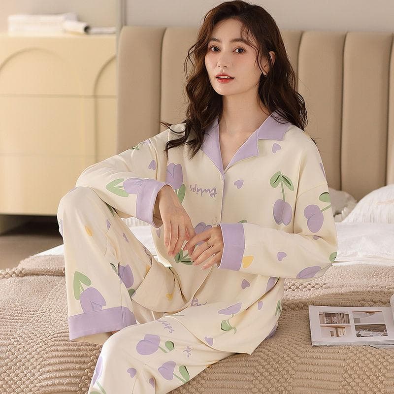 Girls' 100% Double-sided Cotton Pajamas, Women's Spring and Autumn Pajamas Set, Long-sleeved Home Wear, New Home Wear Set 3XL