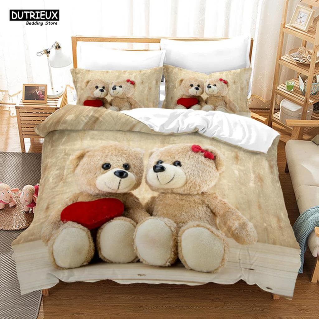 3D Teddy Bear Bedding Set White Polar Bear Bed Linen Teens Women Single Twin Queen King Full Size Duvet Cover 2/3pcs Bedclothes US King(264x228cm)
