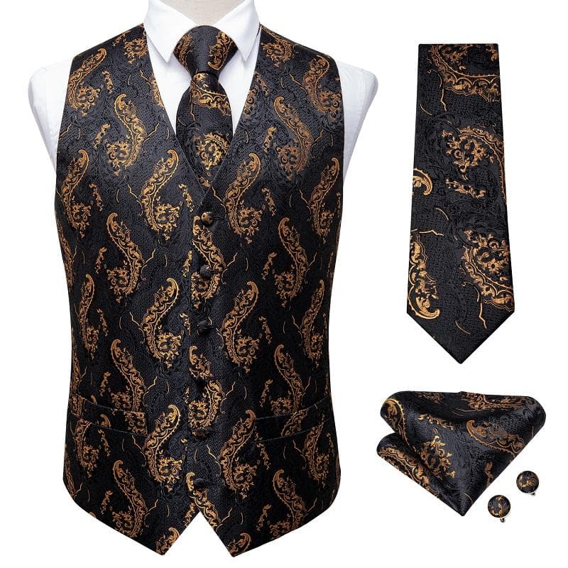 Dibangu Mens Yellow Paisley Vest Suit Waistcoat Hanky Cufflinks Tie Set Wedding XL