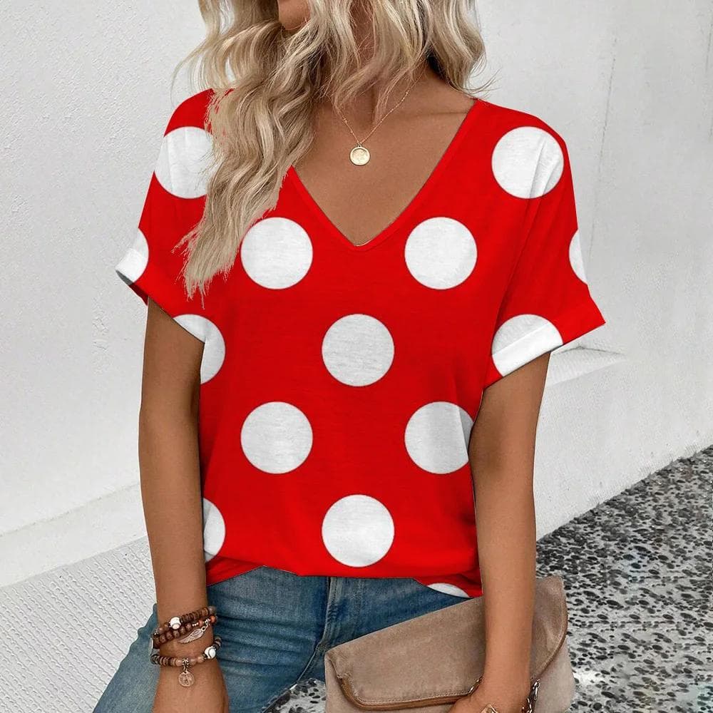Summer Casual T-shirt Solid Color T-shirt Polka dot 3D Print T-shirt Fashion women's short sleeve T-shirt Women's V-neck 3XL