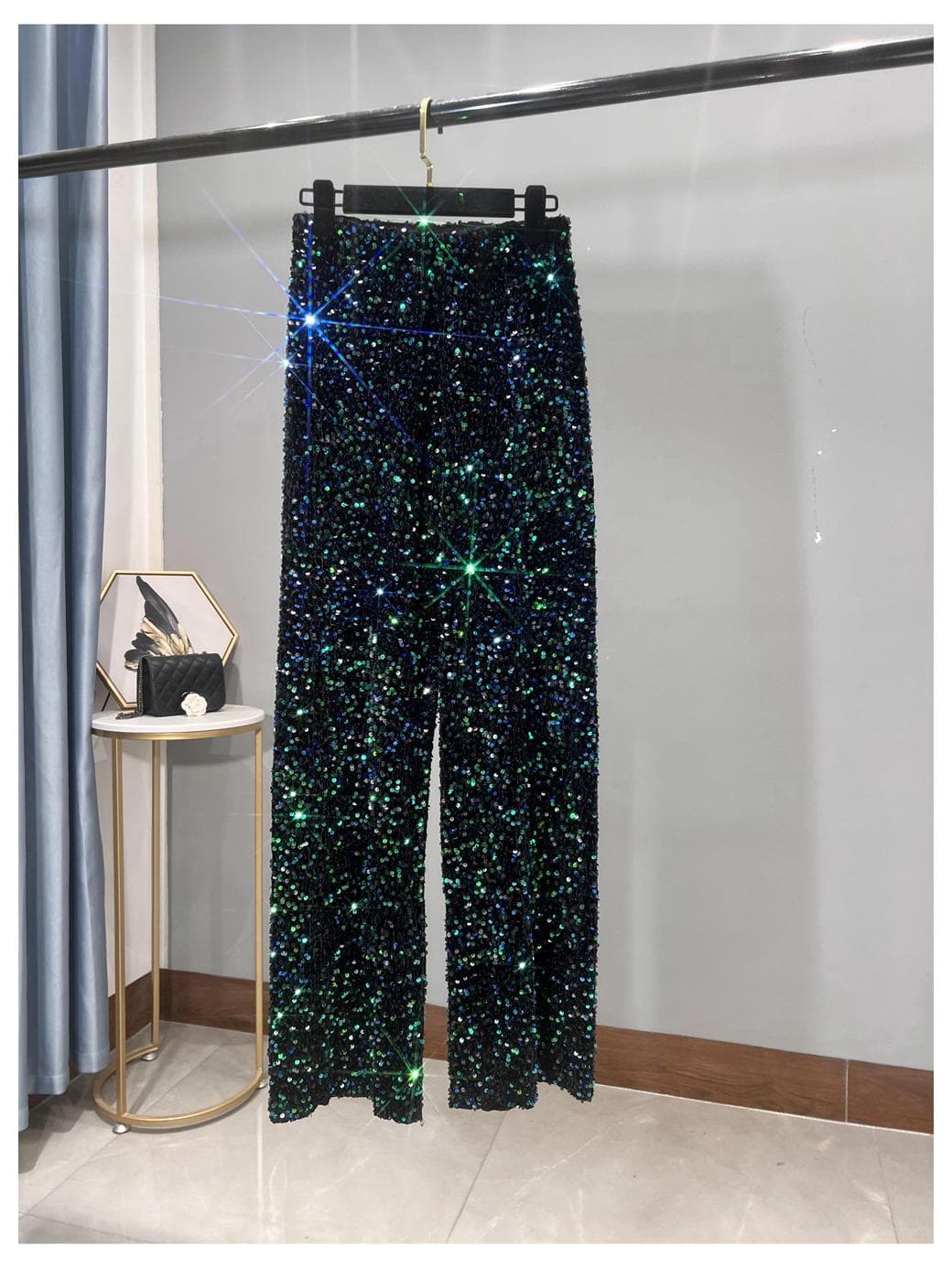 Women's Korean Velvet Sequined Wide-Leg Pants: Slim-Fit, Floor-Length, Shiny Drape Casual Wear for Autumn and Winter Medium
