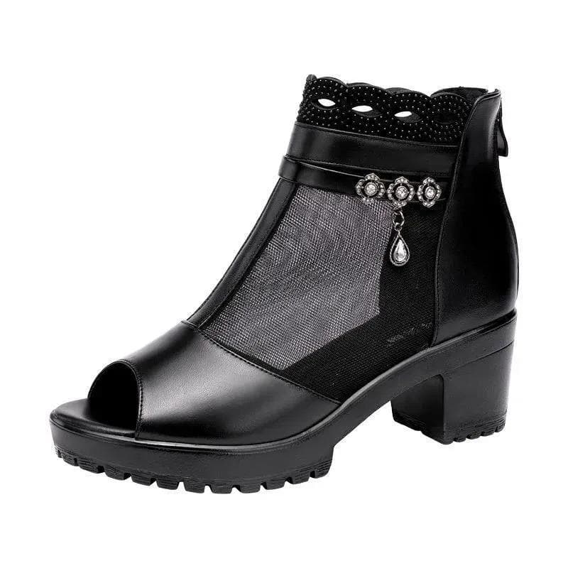 Leather Mesh Sandals Women's Summer Soft Bottom Mother's Cool Shoes Thick Heels Fish Mouth Roman Rear Zipper 35 black