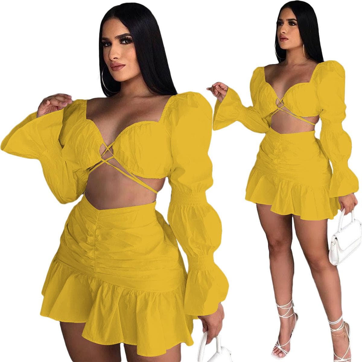 Women Skirts Set Solid Bandage Puff Sleeve Crop Tops Mini Skirt Two 2 Piece Sets Sexy Night Clubwear Fashion Outfit Fall XXL