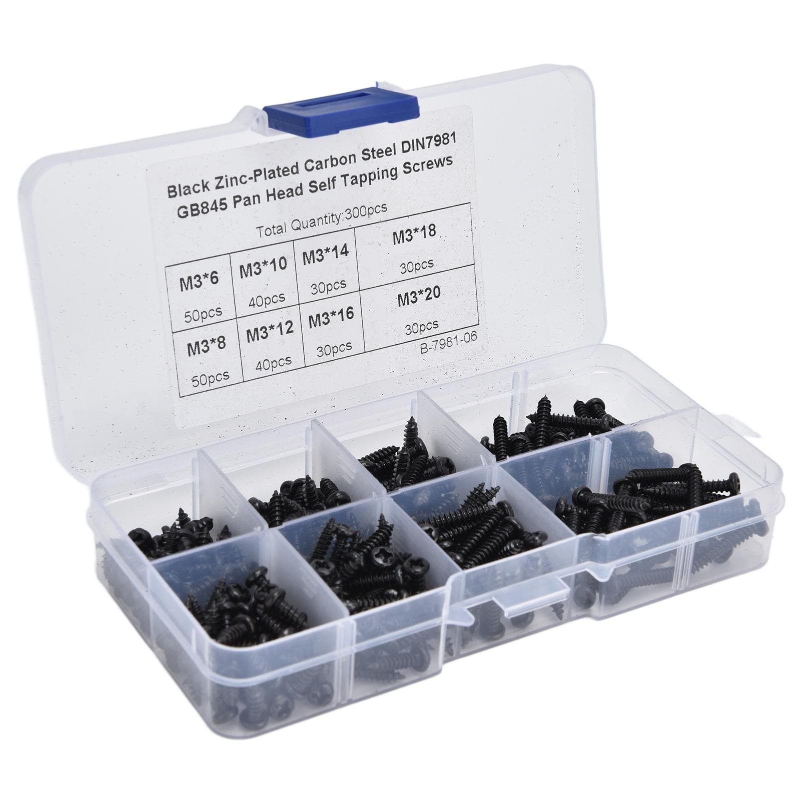 300Pcs Self Tapping Screws Cross Pan Head Combination Set Assortment Kit Carbon Steel M3 Black