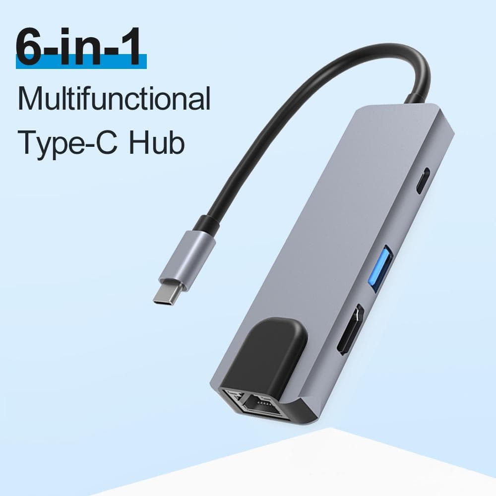 6-in-1 Type-C Hub Multifunctional Type-C Converter Aluminum Alloy Shell with 100M RJ45 HD USB3.0 PD grey