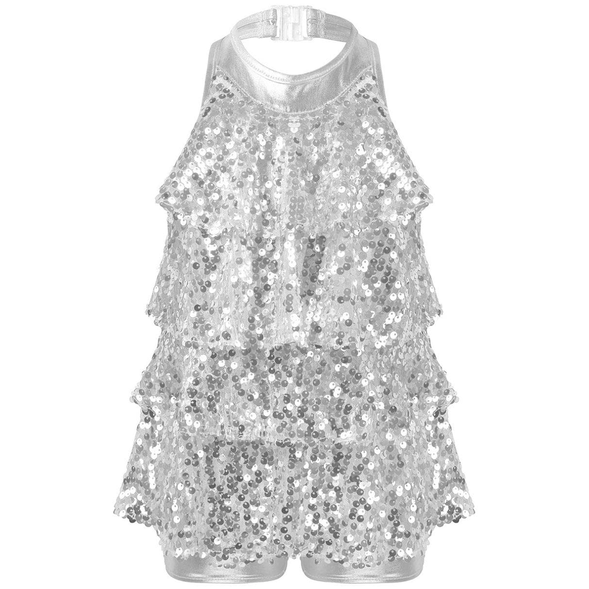 Dancewear for Kids Girls Halter Neck Shiny Sequins Jazz Dance Costume Shorty Unitard Dress Stage Performance 11-12 Years silver