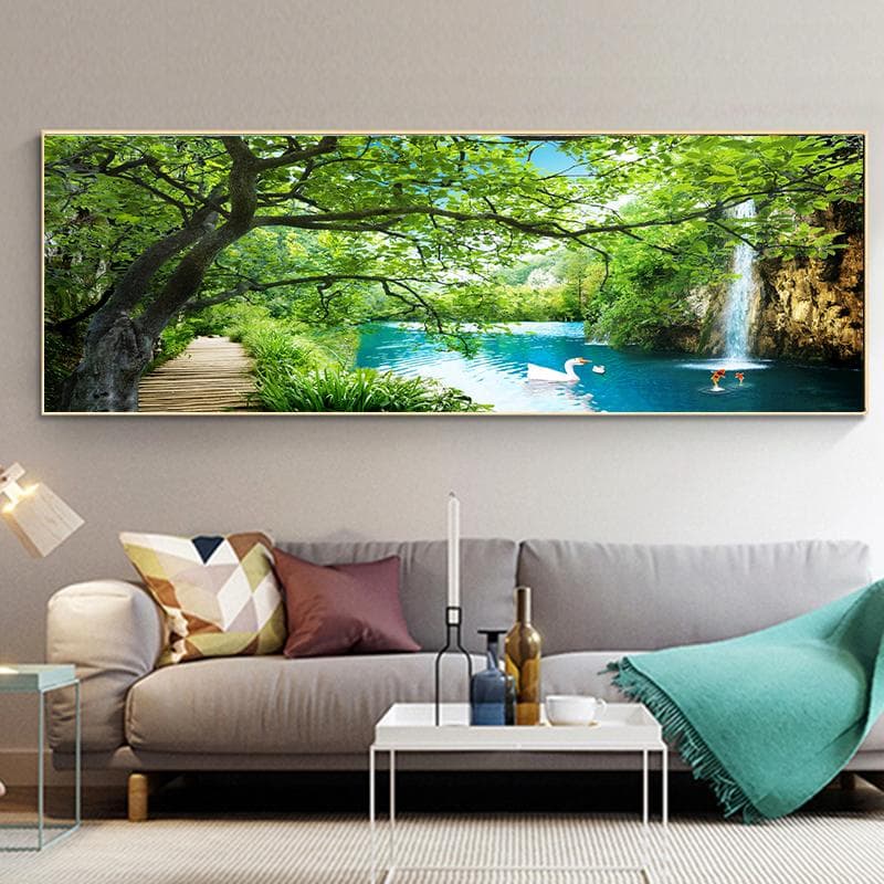 Landscape Green Forest Waterfall Swan Canvas Painting Posters and Prints Wall Art Pictures Living Room Home Decor No Frame 50cm×100cm NoFrame