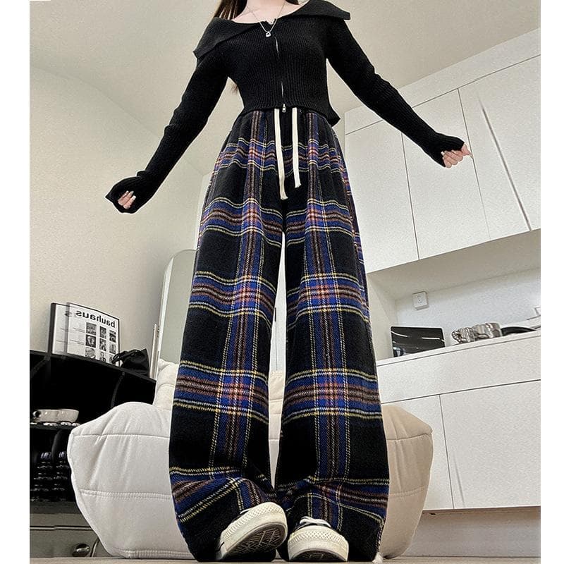 Retro Plaid Pants Women's Pants Spring High-end Loose and Thin Straight Pants Drape Casual Wide-leg Trousers XL