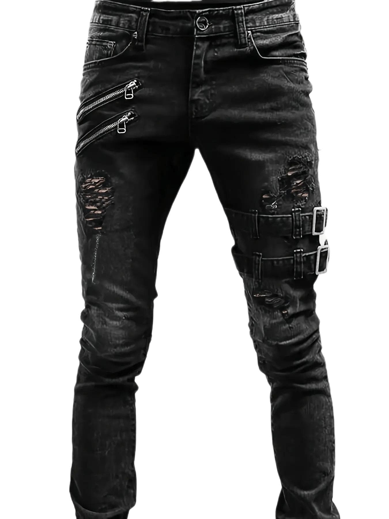 Men's Casual Skinny Biker Jeans, Chic Street Style Medium Stretch Denim Pants M black