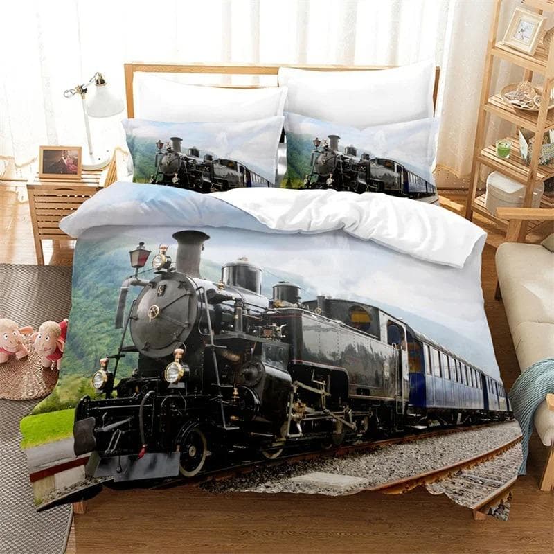 Train Duvet Cover Full Size Boys Steam Engine Bedding Set Microfiber 3D Rail Vehicles Comforter Cover For Kids Teens Room Decor 70x133cm 2pcs