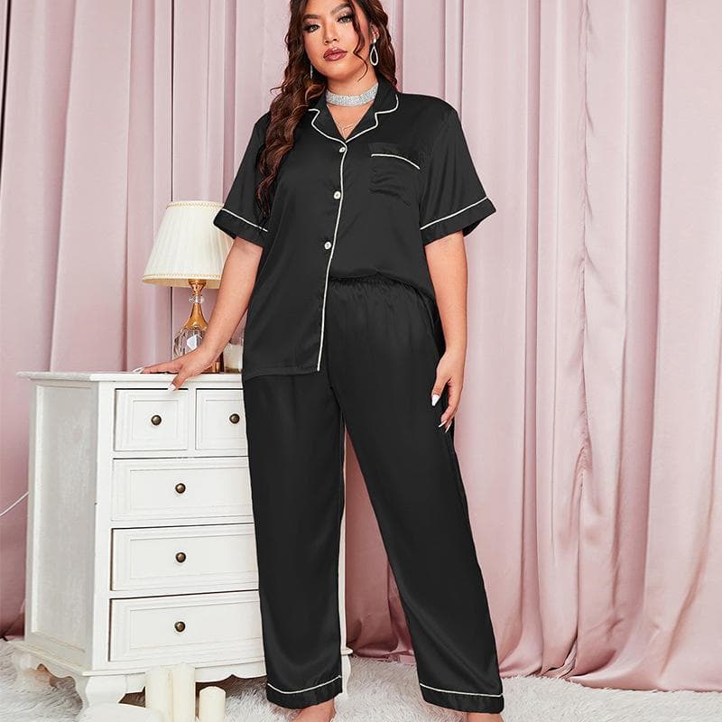 Summer Women's Silk Pajamas Set Personalized Satin Casual Thin Loose Tops Trousers Home Wear XL black