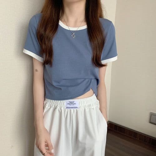 Contrast round neck short sleeved T-shirt T-shirts Casual pullovers Women's Summer Tops fashion M blue