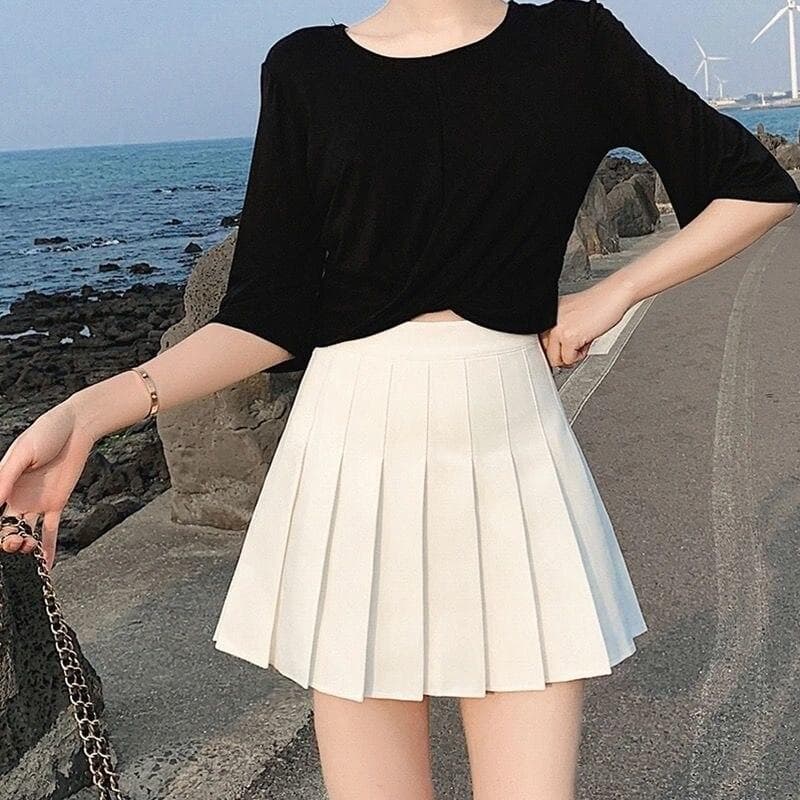 Women Pleated Mini Skirt Short High Waist A-line Thin Harajuku Skirts Womens S white