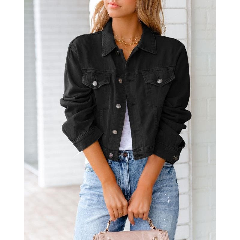 Spring and Autumn Women's Denim Jacket Long Sleeve Jacket Top L black