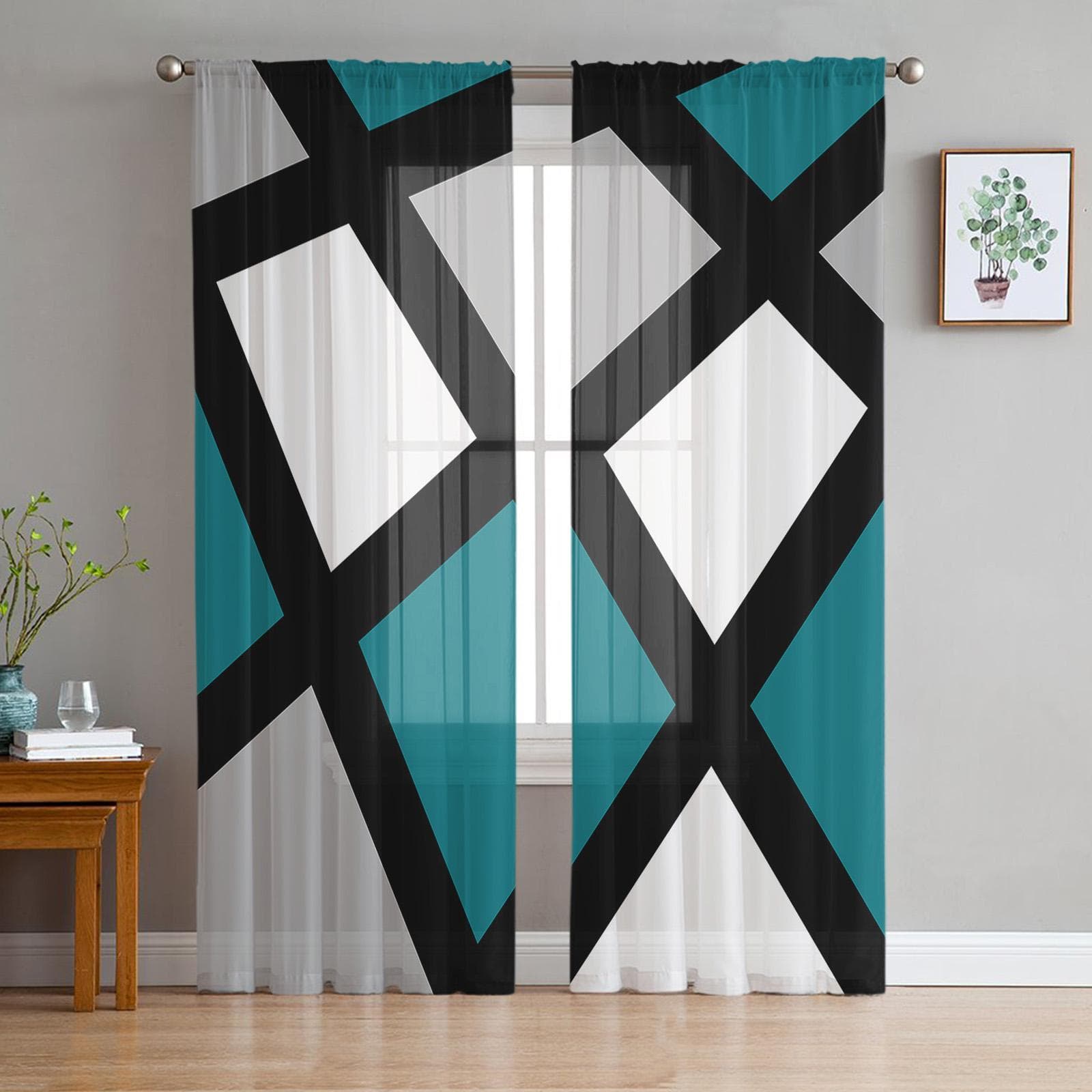 Blue Green Black Grey Geometric Square Voile Sheer Curtains Living Room Window Tulle Curtain Kitchen Bedroom Drapes Home Decor 135W x 114H(cm)