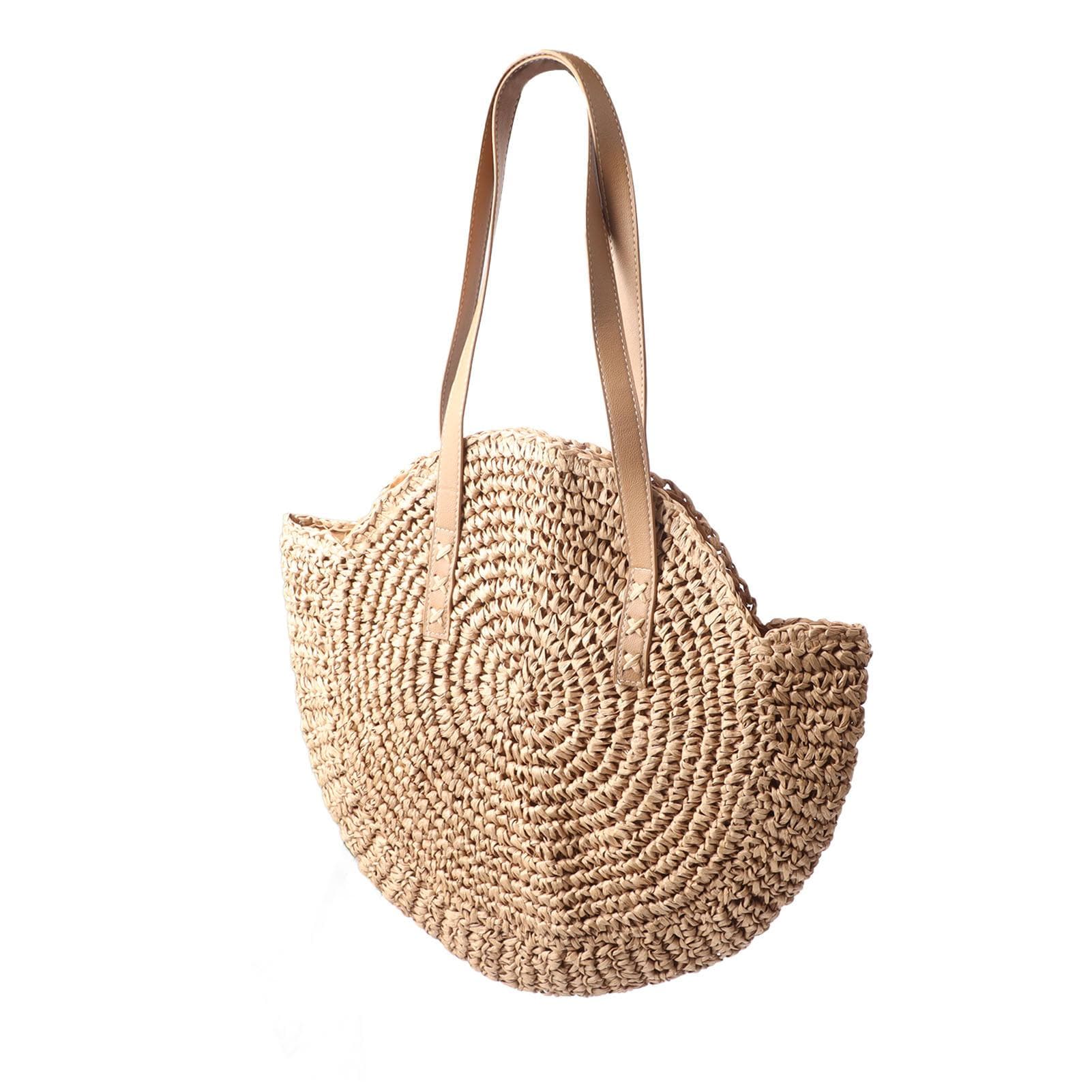 Straw Handbag Hand Woven Beach Bag Khaki Round Shape Bag for Women Travel Commutes Shopping