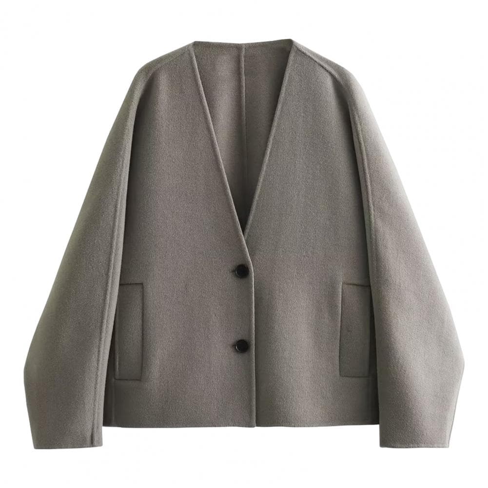 Fall Spring Women Jacket Loose V Neck Pockets Double Button Closure Warm Loose Woolen Coat Mid Length Shopping Commuting Outwear L grey