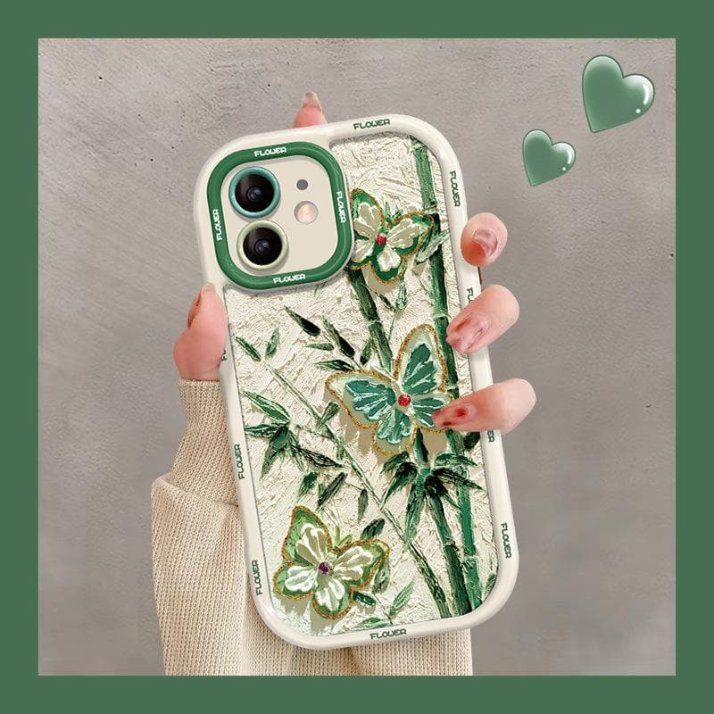 Applicable To Apple 15 Mobile Phone Case Iphone14 Oil Painting Butterfly Bamboo 13 Full-inclusive Lens 12/11 Silicone Anti-fall X iPhone SE (2nd Generation)