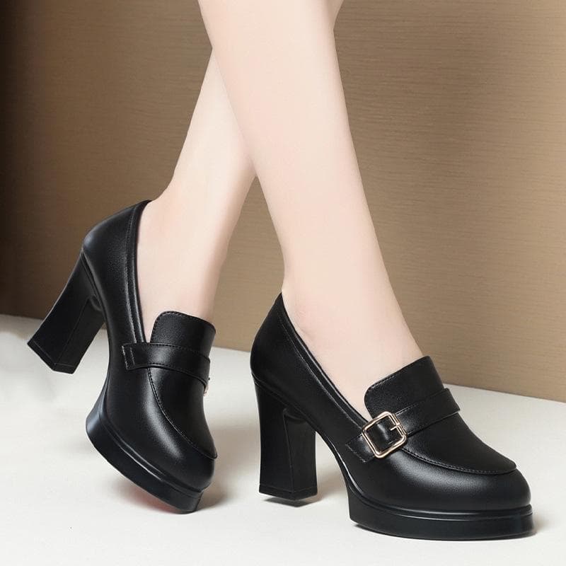 Comfortable Deep Mouth Soft Leather Anti-slip Shoes Platform Spring 2025 Women's Block Black High Heels Office Mother Shoes 37
