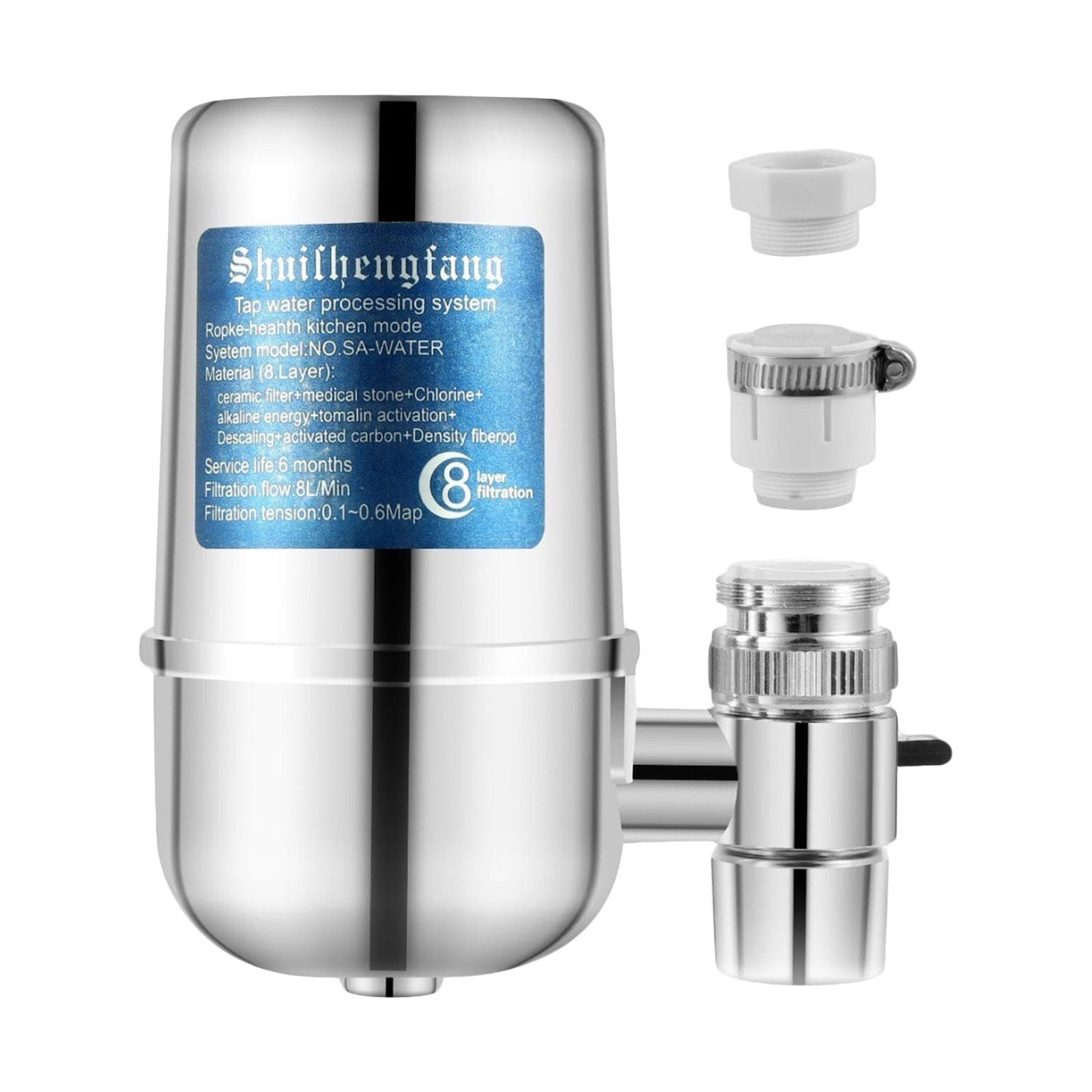 Faucet Water Filter with 8-layer Cartridge Tap Water Purifier Filtration System Dual Output Water silver