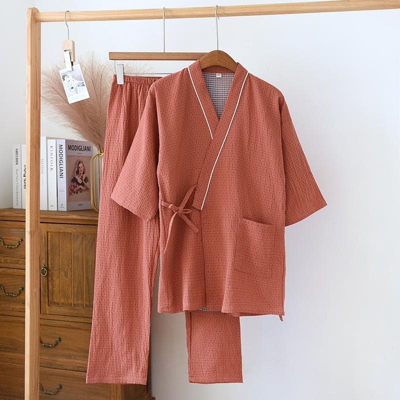 Spring/Summer New Japanese Kimono Set Couple 100% Cotton Men's and Women's Casual Loose Home Fur Two Piece Set Sleepwear M