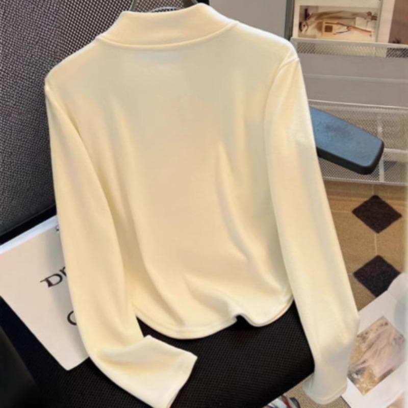 Half Zipper Stand-up Collar Thickened Bottoming Shirt Women's Autumn and Winter New Thin Waist Short Top XXXL apricot