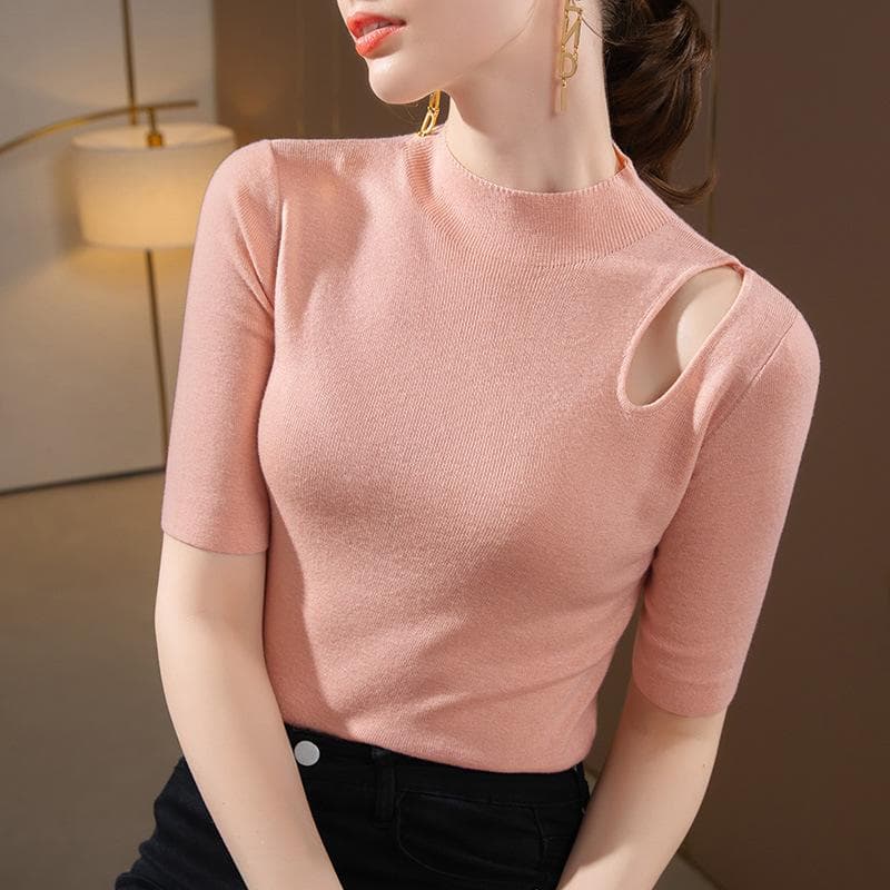 Semi-turtleneck Knitted Bottoming Shirt Women's New Women's Clothing Sexy Hollow Middle-sleeved Sweater Thin Inner Top 3XL